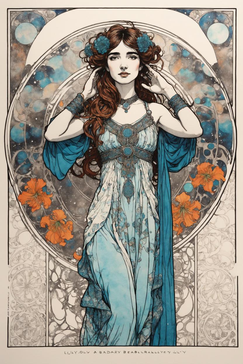 Artificial Intelligence (AI) generated image art, handsome fullbody illustration of beautiful art nouveau goddess ..., (coloured ink drawing), leave space above head, ((art by aubrey beardsley)), art by yoji shinkawa