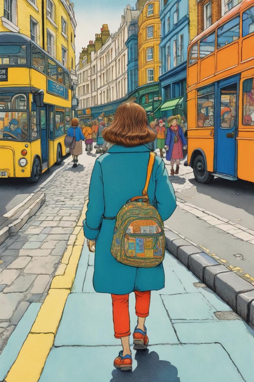 Artificial Intelligence (AI) generated image art, ..., illustration by Maurice Sendak, vibrant colors, walking in the city of london, tan skin, very detailed, naive artwork,