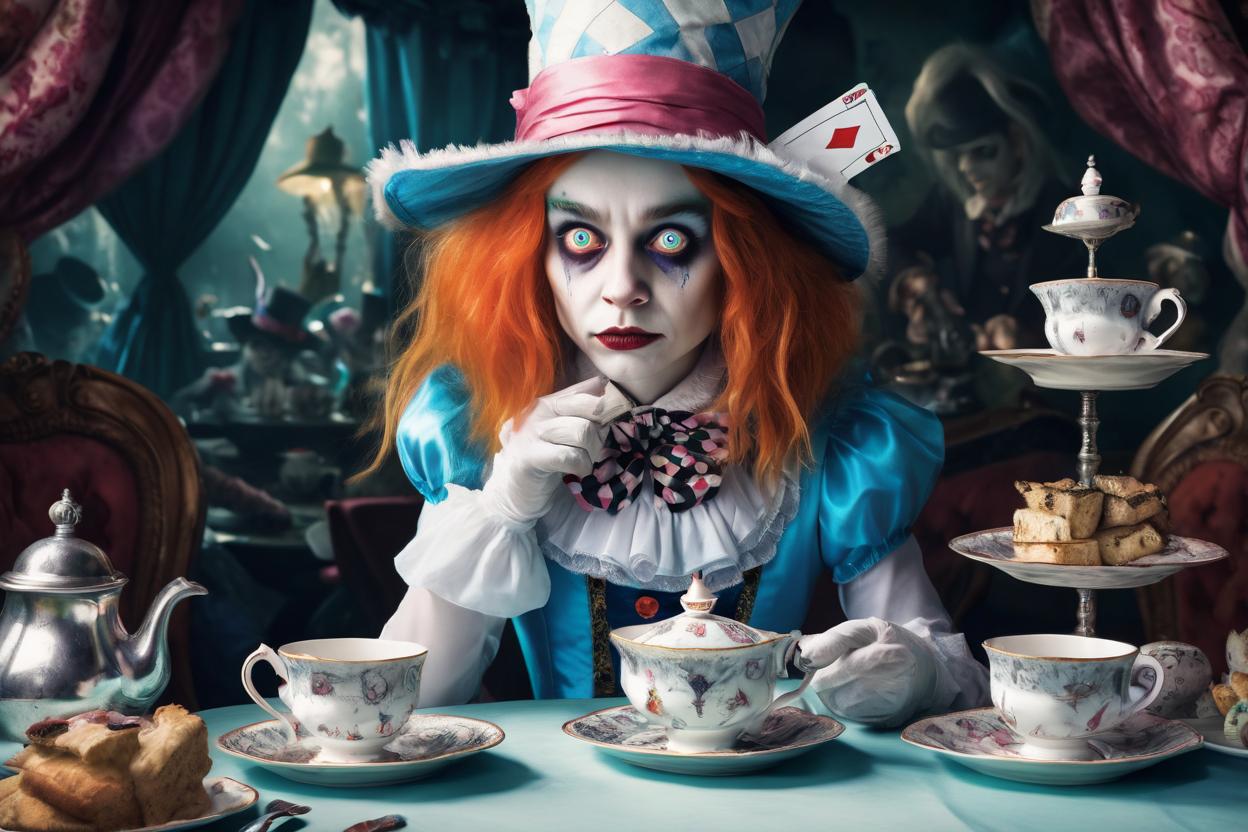 Artificial Intelligence (AI) generated image art, Mia Lola, hyperrealistic illustration, alice in wonderland, wonderland has changed and become frightening and menacing, she is at the mad hatters tea party being forced to take part against her will