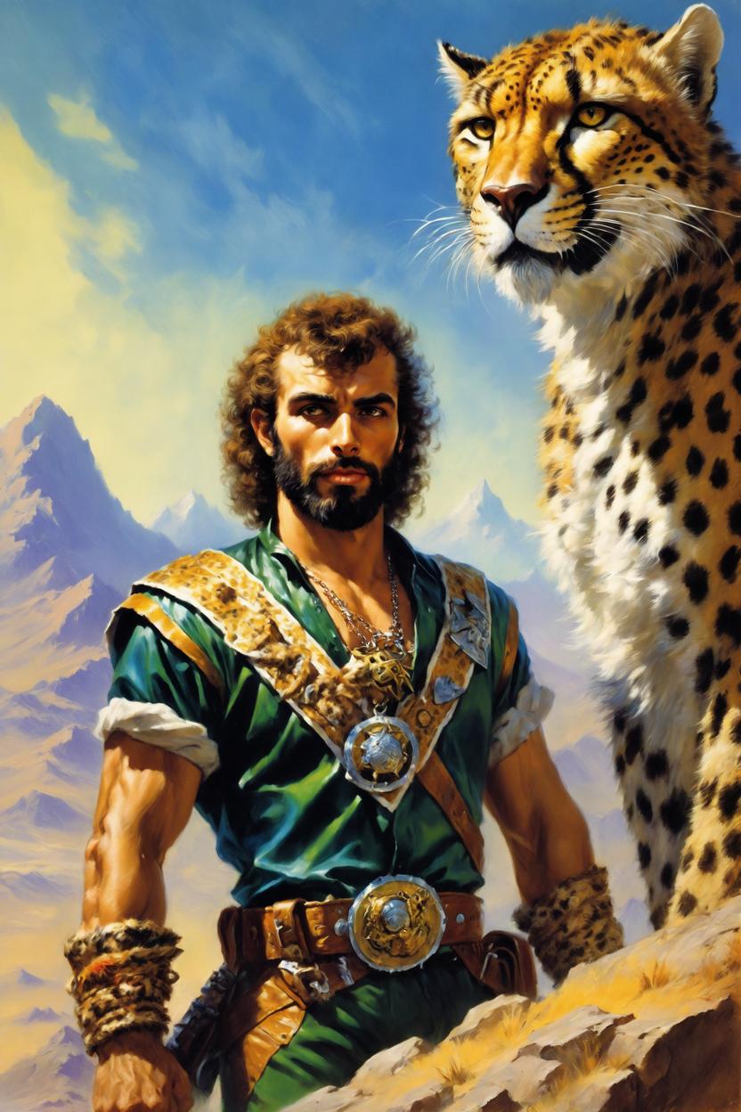 Artificial Intelligence (AI) generated image art, (classic fantasy pulp book cover art), (...) as fantasy tabaxi cheetah man, dnd tabaxi, illustration, art by Boris Vallejo, 80s fantasy art, portrait, landscape