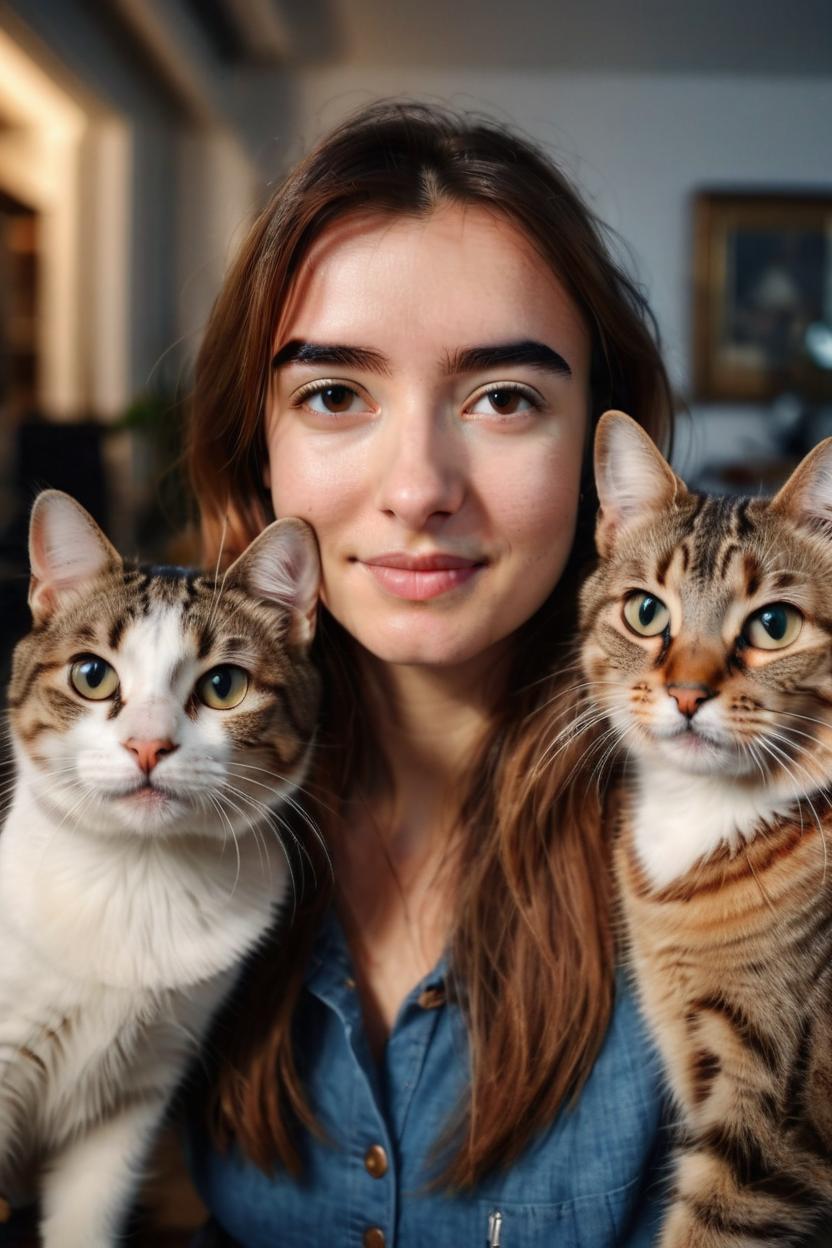 Artificial Intelligence (AI) generated image art, beautiful ..., taking a selfie her cats, looking at the camera, friendly expression, natural lighting, hyperrealistic, wide angle, cinematic