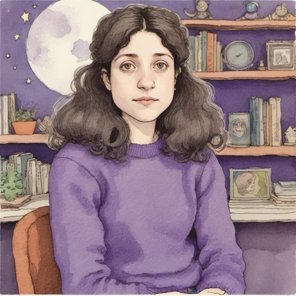 Artificial Intelligence (AI) generated image art, ..., illustration by Maurice Sendak  , postcard, 8mm, artistic, nostalgic, soft light, romantic, on the moon, wearing a purple sweater, long hair, very detailed, naive artwork,