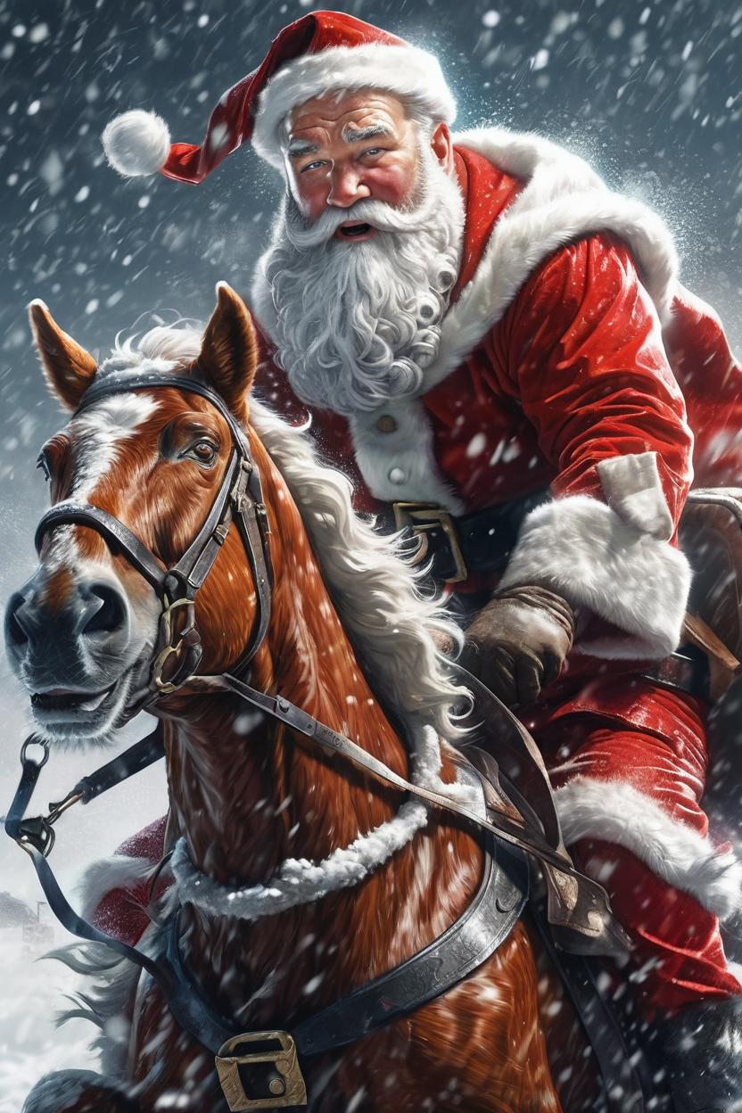 Artificial Intelligence (AI) generated image art, ..., as a portrait of santa claus riding a sliegh in a snow storm, by Stanley Artgerm Lau, WLOP, Rossdraws, James Jean, Andrei Riabovitchev, Marc Simonetti, and Sakimichan, highly detailed, ultra detailed, golden hour, trending on artstation, cgstudio