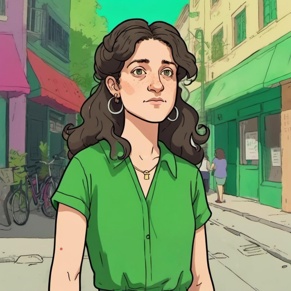 Artificial Intelligence (AI) generated image art, ..., illustrated character from Bojack Horseman, vibrant colors, standing in the streets wearing a green dress, long hair, artwork, animated
