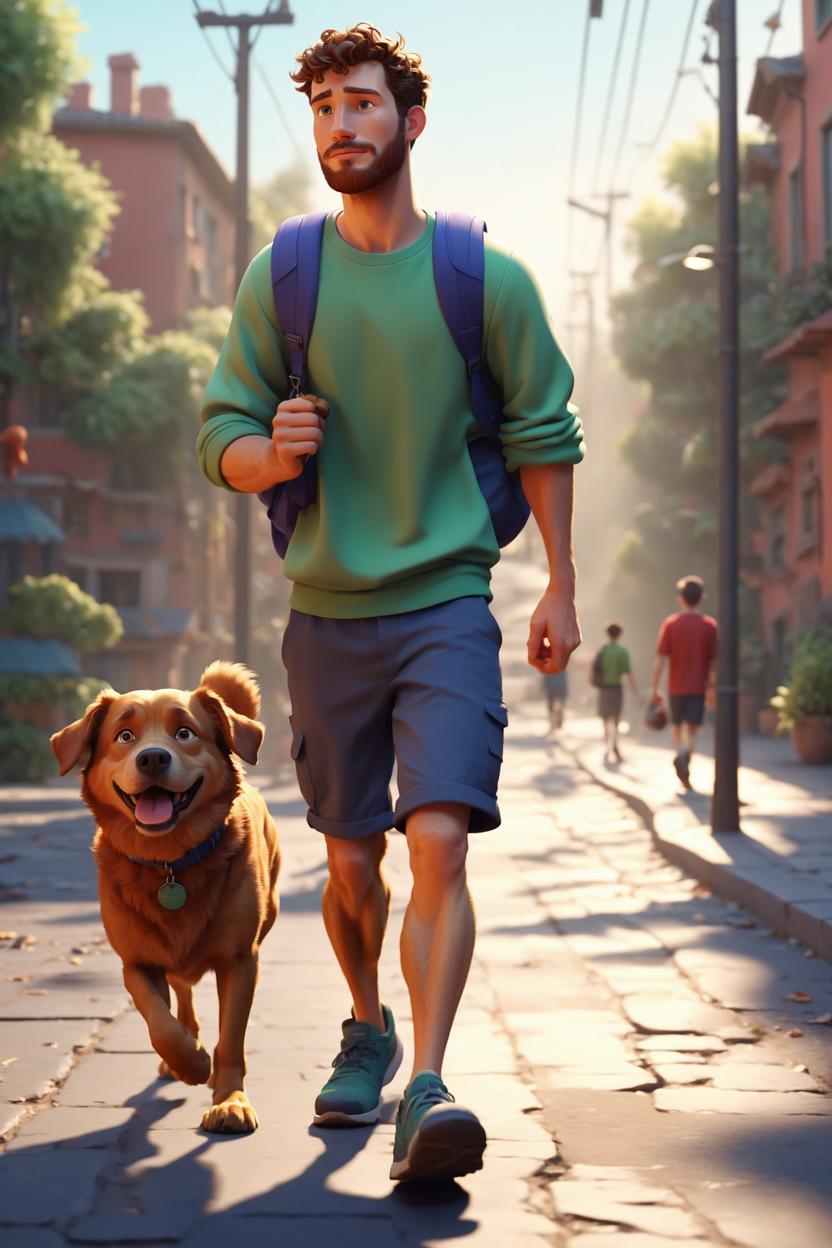 Artificial Intelligence (AI) generated image art, (disney 3d animation style), 3d animation of ..., illustration, cartoon, digital painting, walking his dog in the morning