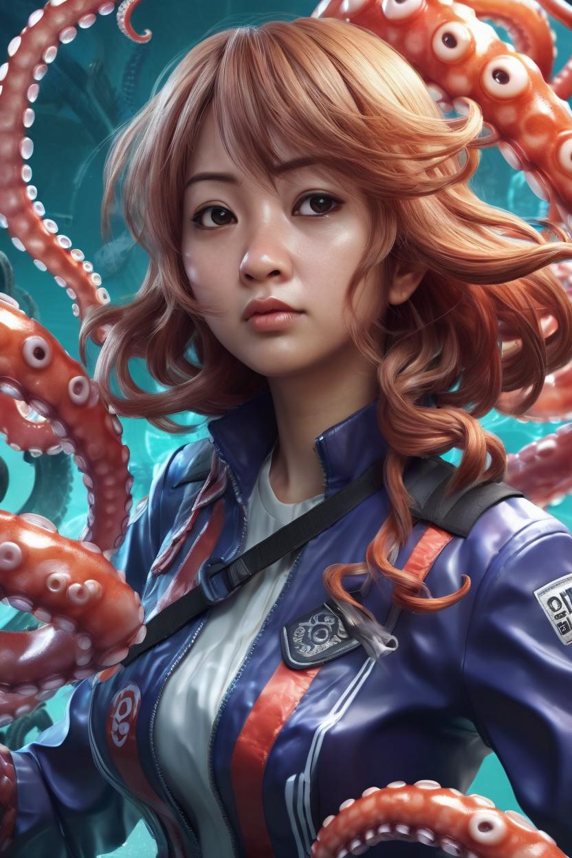 Artificial Intelligence (AI) generated image art, ... as 3d illustration anime girl, octopus tentacles background, fighting, highly detailed, by artgerm