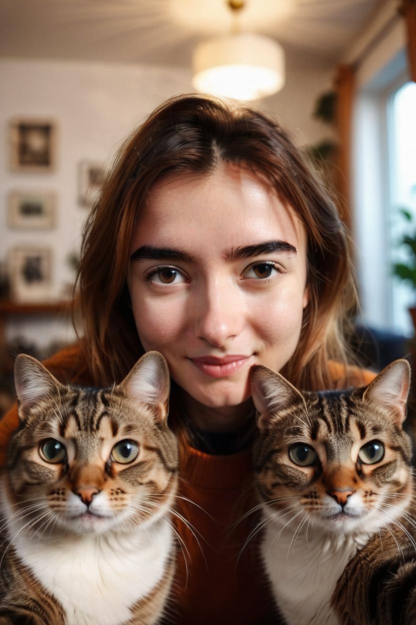 Artificial Intelligence (AI) generated image art, beautiful ..., taking a selfie her cats, looking at the camera, friendly expression, natural lighting, hyperrealistic, wide angle, cinematic