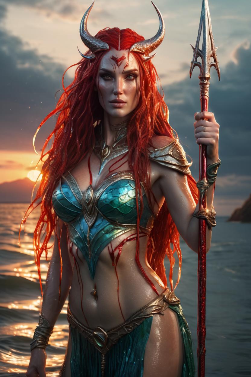 Artificial Intelligence (AI) generated image art, ..., ((realistic)) majestic water goddes Mera, holding one three spike trident, with wet body and flowing red long hair rising from the sea with sunset, ((portrait)), epic scene, epic light, intricate detailed, fine details, artstation, masterpiece