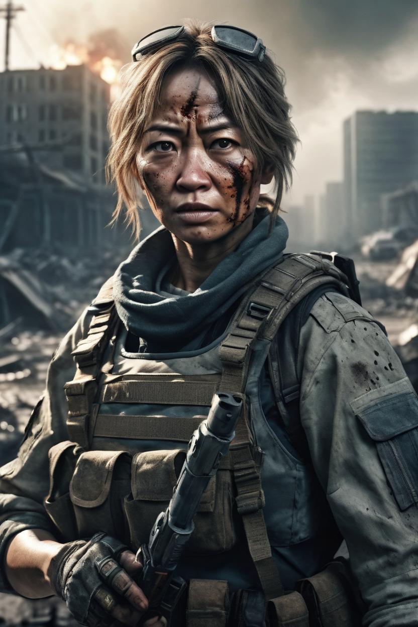 Artificial Intelligence (AI) generated image art, ... as post apocalypse survivor, soldier, ultra detailed realistic photo, cinematic lighting, doomsday, fighting, artistic