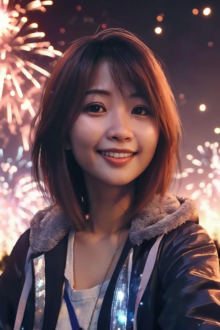 Artificial Intelligence (AI) generated image art, ... as a beautiful anime girl, celebrating 2024 new year party, outdoor, fireworks, bokeh, bokeh, detailed 4k