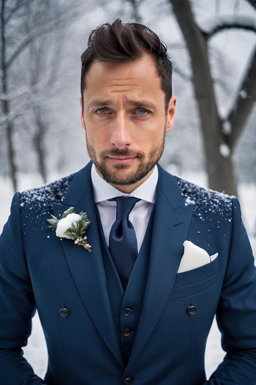 Artificial Intelligence (AI) generated image art, A photo of ..., outdoors, snow, Dolce & Gabbana, Richard Avedon style, Compose a fashion editorial featuring a navy blue Wedding suit with a Canon EOS-1D X Mark III, taking advantage of its fast burst rate and advanced autofocus system, detailed face, ultra realism