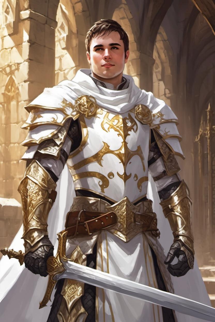Artificial Intelligence (AI) generated image art, ..., fantasy paladin, white and gold armor, white cape, sword on belt, chapel background, dungeons and dragon 5e art style