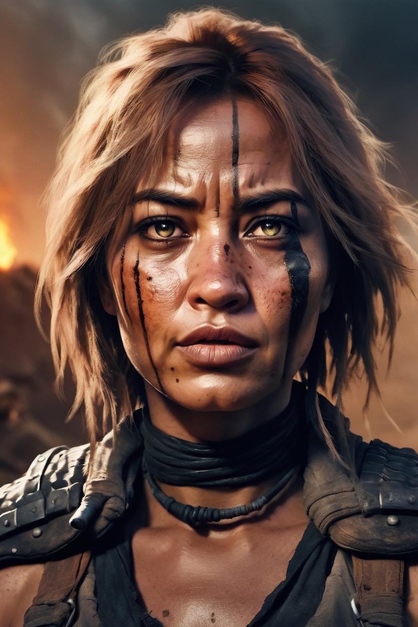 Artificial Intelligence (AI) generated image art, ... as beautiful mad max character, illustration, brave, tan skin, cinematic lighting