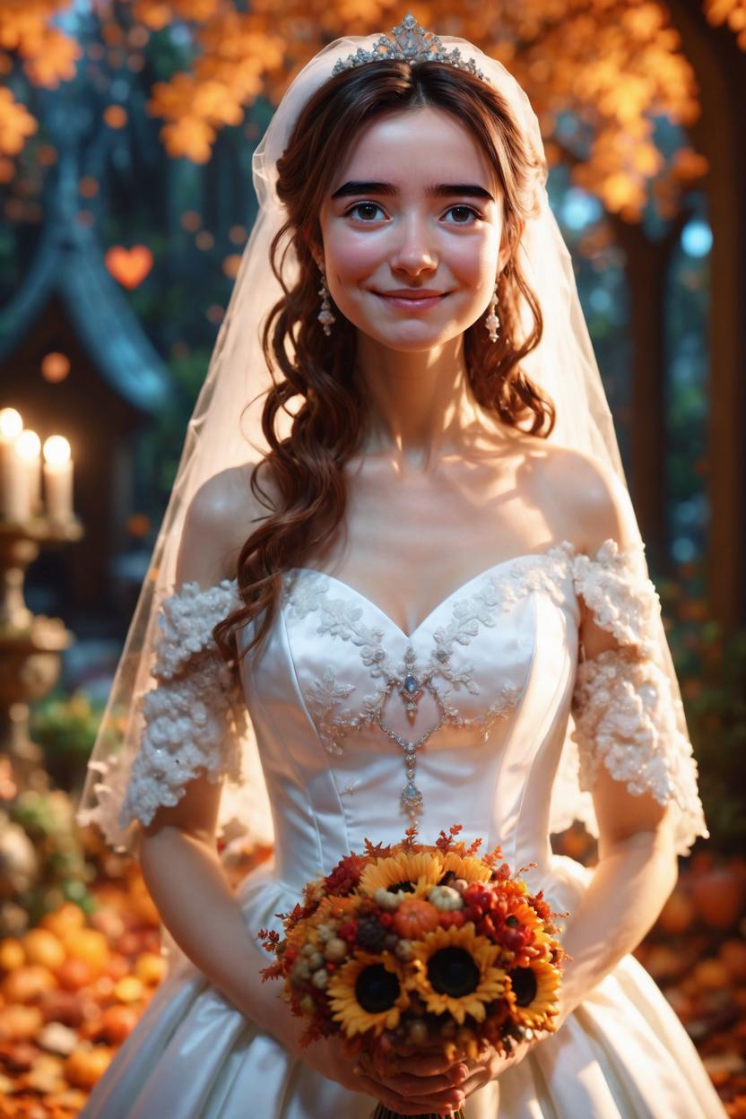 Artificial Intelligence (AI) generated image art, ..., An epic fantasy comic book style portrait painting of an extremely cute and adorable very beautiful bride getting married, character design by Mark Ryden and Pixar and Hayao Miyazaki, unreal 5, DAZ, hyperrealistic, octane render, cosplay, RPG dynamic lighting, intricate detail, harvest fall vibrancy, cinematic