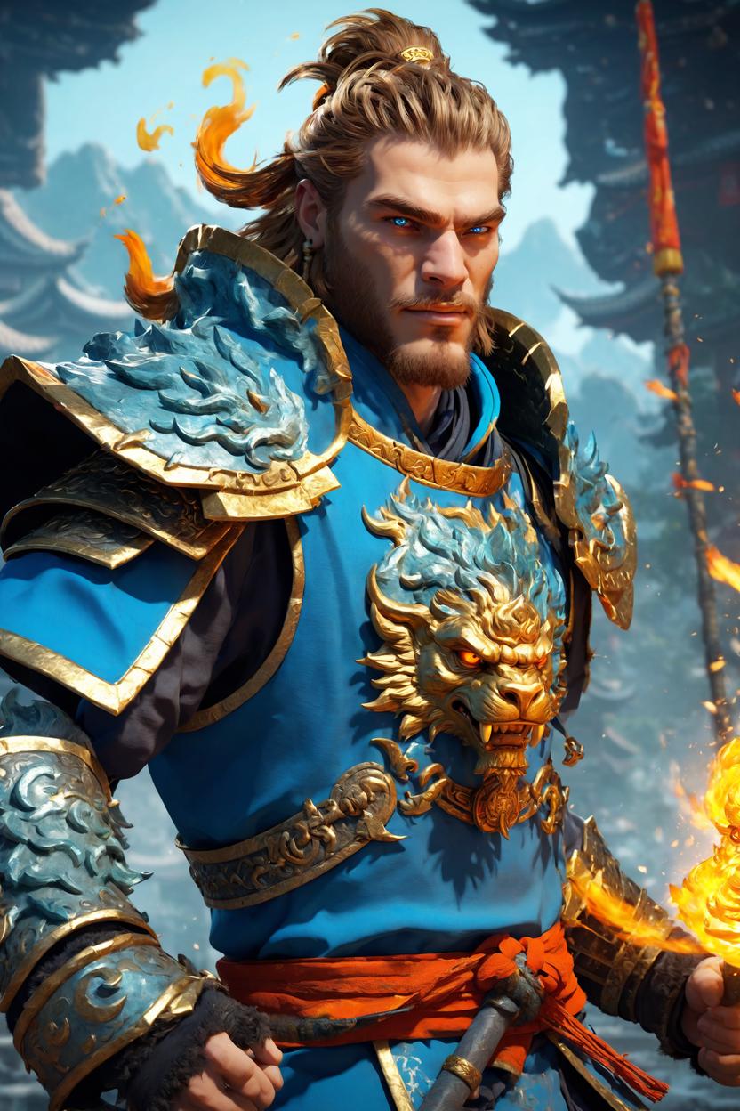 Artificial Intelligence (AI) generated image art, ((...)), masterpiece, concept art, mid shot, dynamic pose, centered, splash art, Sun wukong, king god, holding mythical staff Ruyi Jingu Bang, Chinese myth, monkeyking majestic, solo, male focus, fiery effect, detailed eyes, shaded face, Chinese armor chest, armor, blue clothes, pauldrons, unreal engine, 8k, super detail, depth of field, studio lighting, (epic composition, epic proportion)