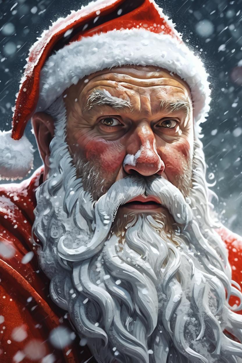 Artificial Intelligence (AI) generated image art, ..., close up portrait of santa claus in a snow storm, in the style of  Andrei Riabovitchev, highly detailed, ultra detailed, golden hour, trending on artstation,