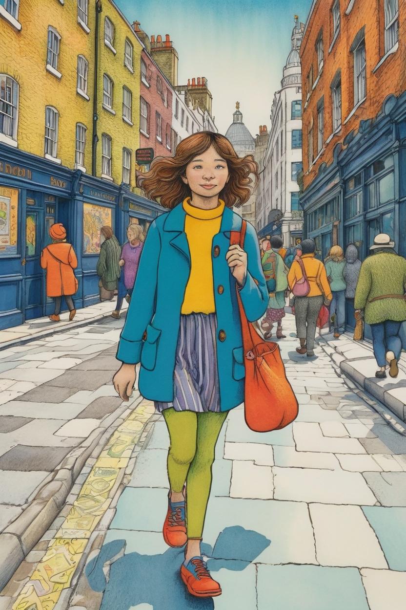 Artificial Intelligence (AI) generated image art, ..., illustration by Maurice Sendak, vibrant colors, walking in the city of london, tan skin, very detailed, naive artwork,