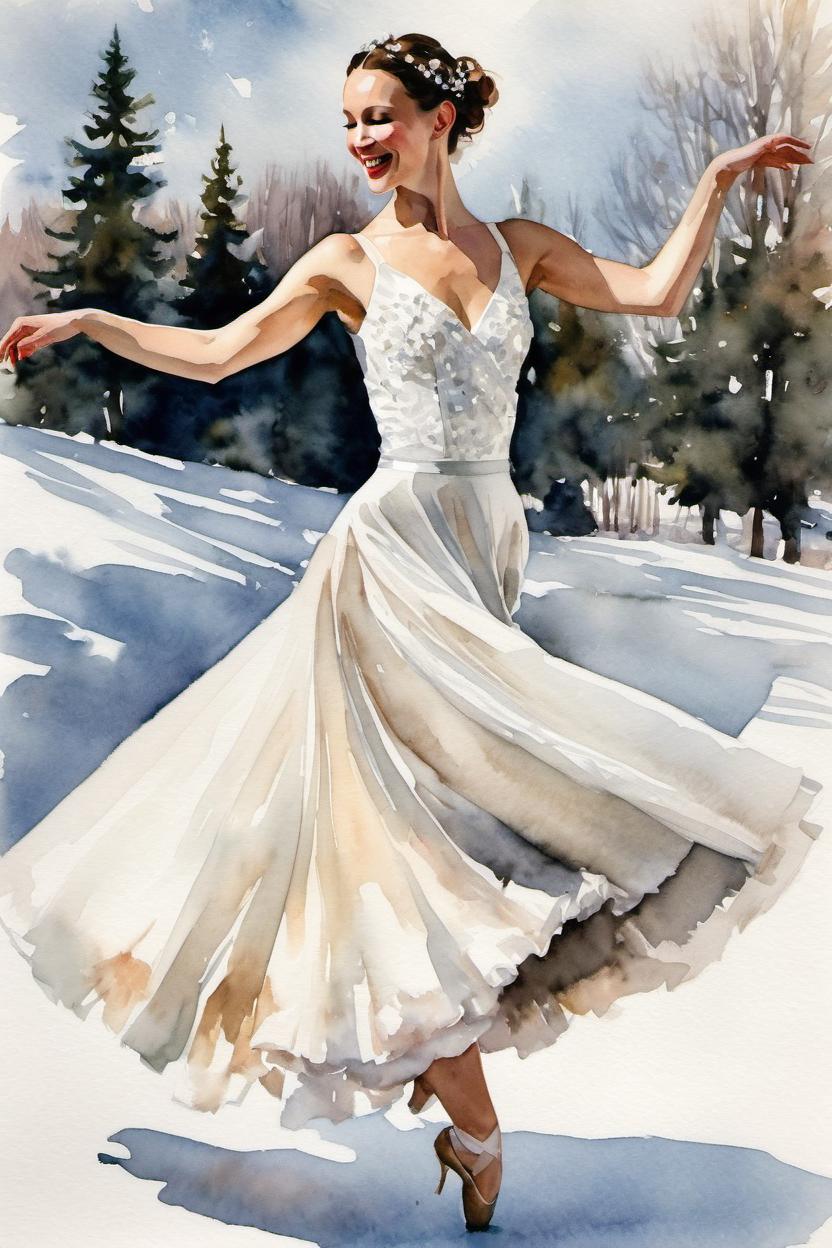 Artificial Intelligence (AI) generated image art, ..., Wedding dress, outdoors, snow, dancing in ballet poses, watercolor, fashion illustration, style of J.C. Leyendecker, (J.C. Leyendecker)