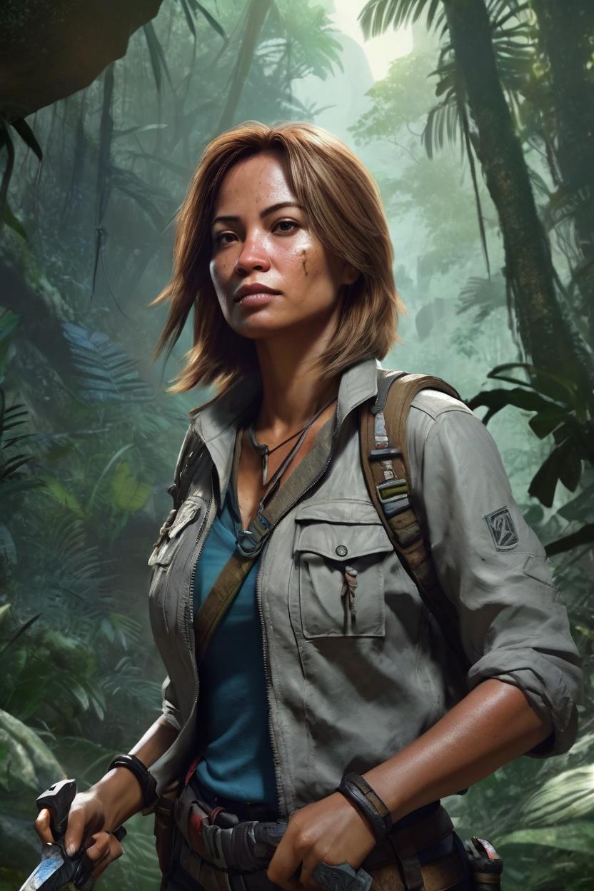 Artificial Intelligence (AI) generated image art, ... as tomb ryder, adventure, art by greg rutkowski, ((half body)), in the jungle, photorealistic