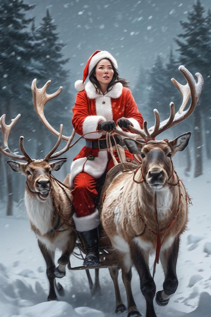 Artificial Intelligence (AI) generated image art, ..., as a portrait of santa claus riding a Reindeer in a snow storm, by Stanley Artgerm Lau, WLOP, Rossdraws, James Jean, Andrei Riabovitchev, Marc Simonetti, and Sakimichan, highly detailed, ultra detailed, golden hour, trending on artstation, cgstudio