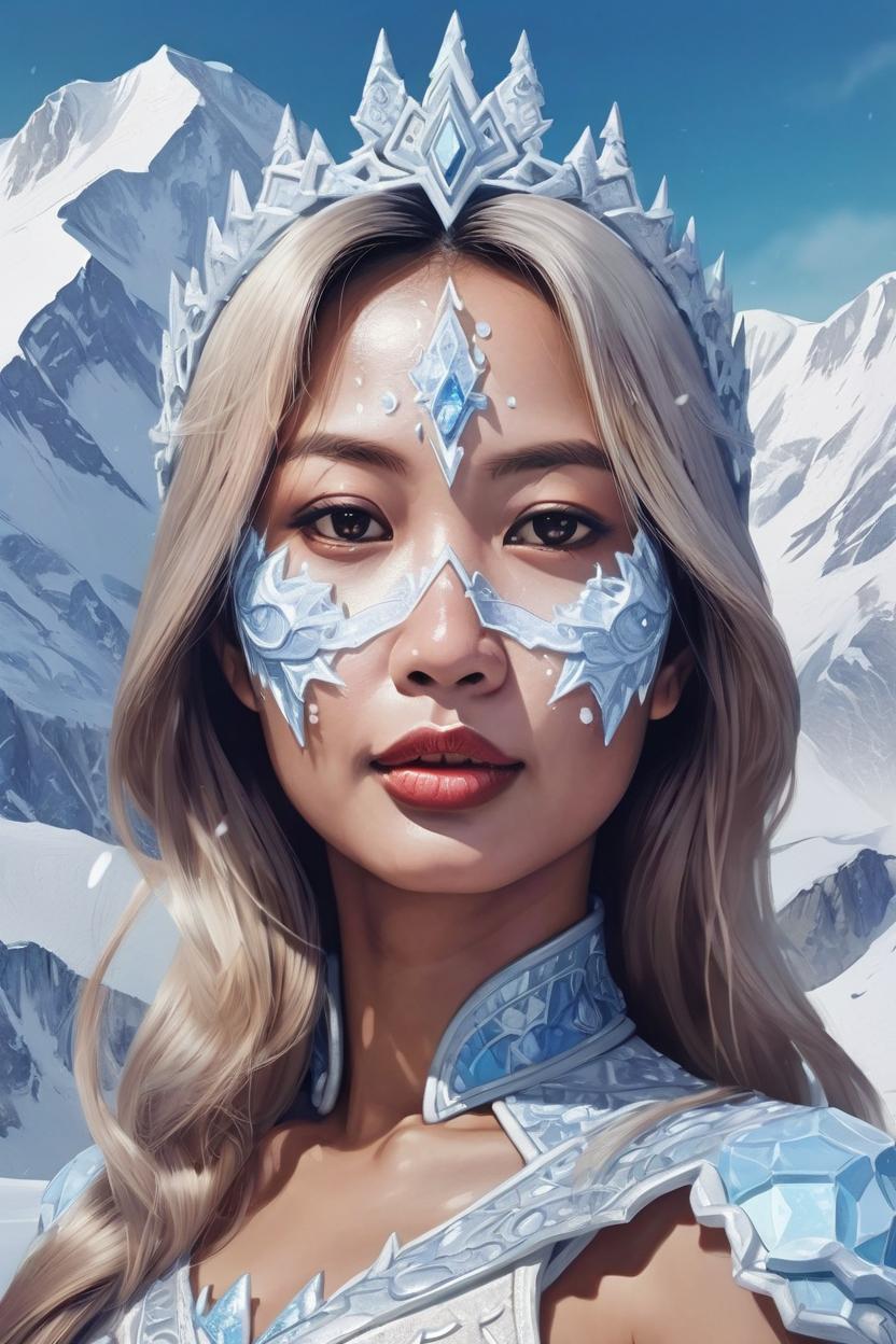 Artificial Intelligence (AI) generated image art, ... as beautiful ice queen, surreal, tan skin, highly detailed illustration, artwork, palace in snow mountain background, outdoor, snowy