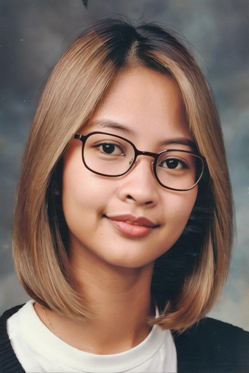 Artificial Intelligence (AI) generated image art, ..., in 90\'s high school yearbook photo, beautiful, wearing glasses, smart, innocent, medium dark blond straigh bob, realistic, tan skin