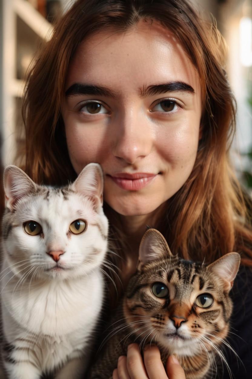 Artificial Intelligence (AI) generated image art, beautiful ..., taking a selfie her cats, looking at the camera, friendly expression, natural lighting, hyperrealistic, wide angle, cinematic