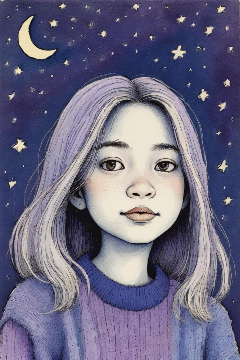 Artificial Intelligence (AI) generated image art, ..., illustration by Maurice Sendak  , postcard, 8mm, artistic, nostalgic, soft light, romantic, on the moon, dark blue wearing a purple sweater, long hair, very detailed, naive artwork,