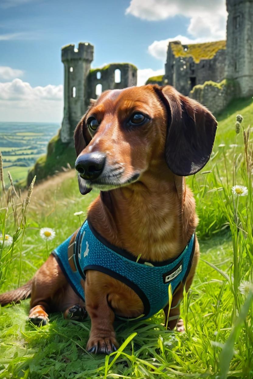 Artificial Intelligence (AI) generated image art, Cute little anthropomorphic (((...))), sitting on the grass, the ruins of ((Corfe Castle, Dorset, England)) in the background, deviantart artstation, by jason felix by steve argyle by tyler jacobson by peter mohrbacher