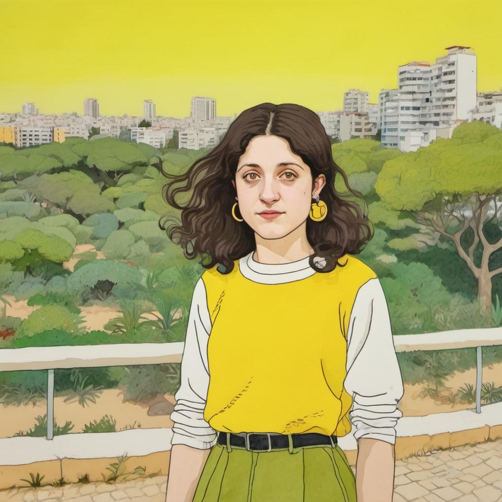 Artificial Intelligence (AI) generated image art, ..., illustration by Rutu Modan, vibrant colors, Tel aviv landscape, wearing yellow sweater, white long skirt, long hair, naive artwork