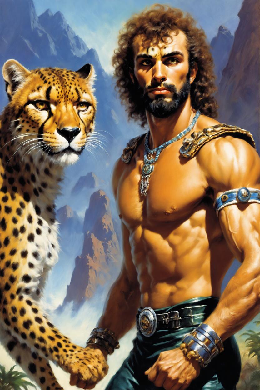 Artificial Intelligence (AI) generated image art, (classic fantasy pulp book cover art), (...) as fantasy tabaxi cheetah man, dnd tabaxi, illustration, art by Boris Vallejo, 80s fantasy art, portrait, landscape