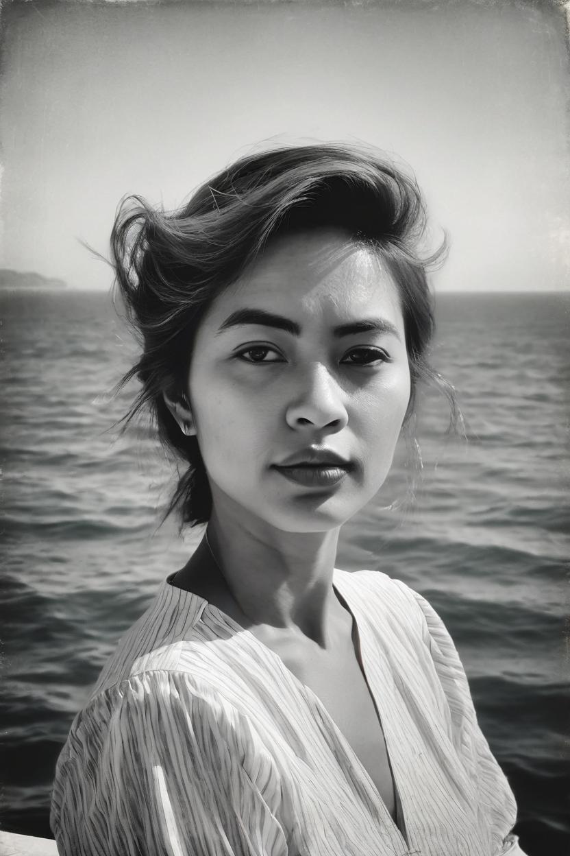 Artificial Intelligence (AI) generated image art, photo of beautiful ..., b&w, 1900 photograph, vintage, portrait, photorealistic, sea in background, art by artgerm, contrast