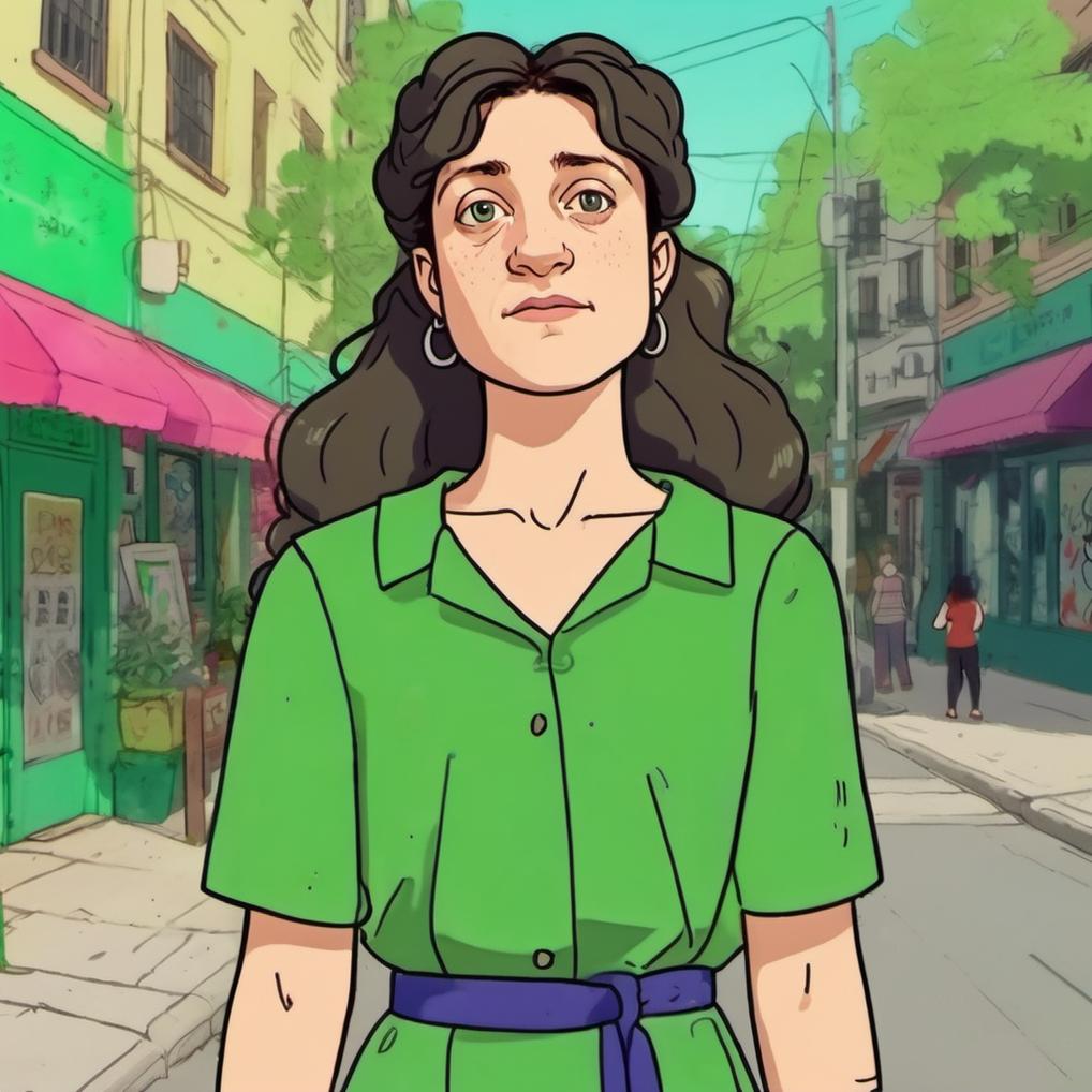 Artificial Intelligence (AI) generated image art, ..., illustrated character from Bojack Horseman, vibrant colors, standing in the streets wearing a green dress, long hair, artwork, animated