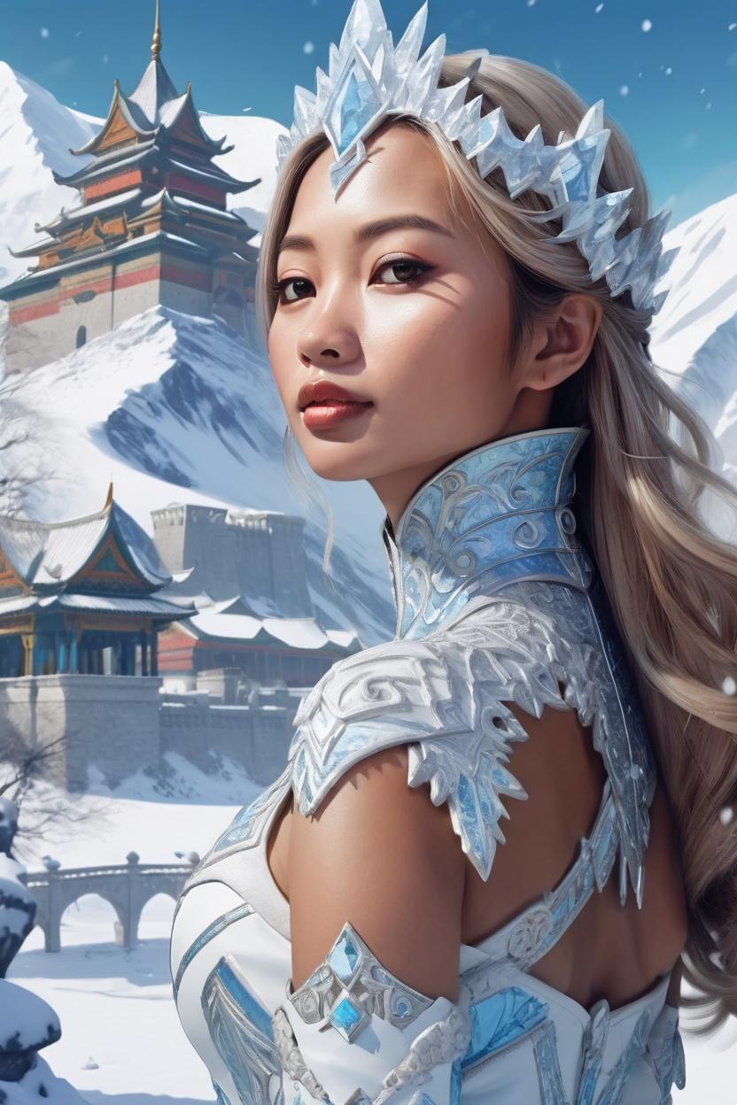 Artificial Intelligence (AI) generated image art, ... as beautiful ice queen, surreal, tan skin, highly detailed illustration, artwork, palace in snow mountain background, outdoor, snowy
