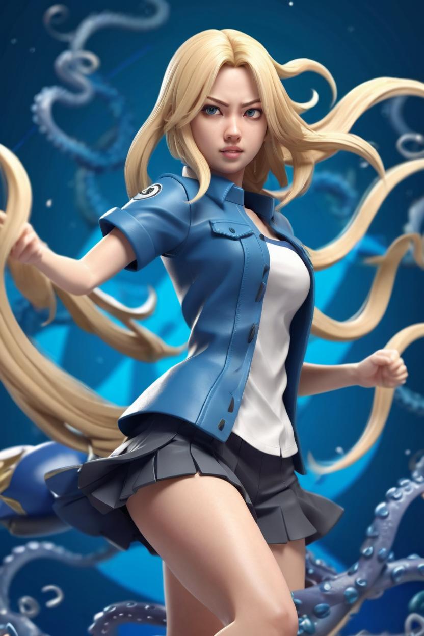 Artificial Intelligence (AI) generated image art, ... as beautiful anime girl, blonde medium long hair, 3d illustration, fighting scene, ((full body)), blue tentacles background, highly detailed