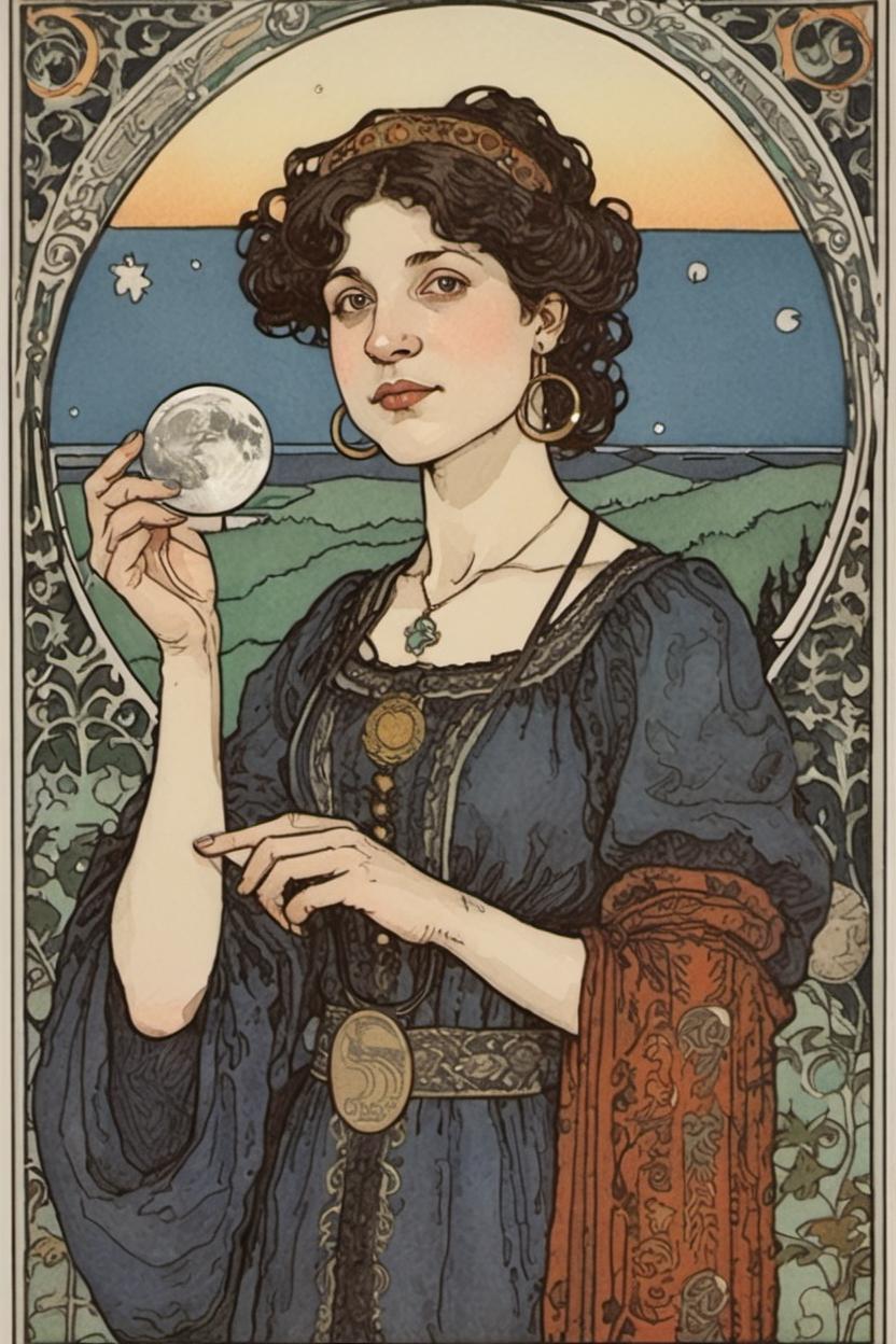 Artificial Intelligence (AI) generated image art, ..., portrait, artwork by Ivan Bilibin, Art Nouveau, tarot card, holding a moon