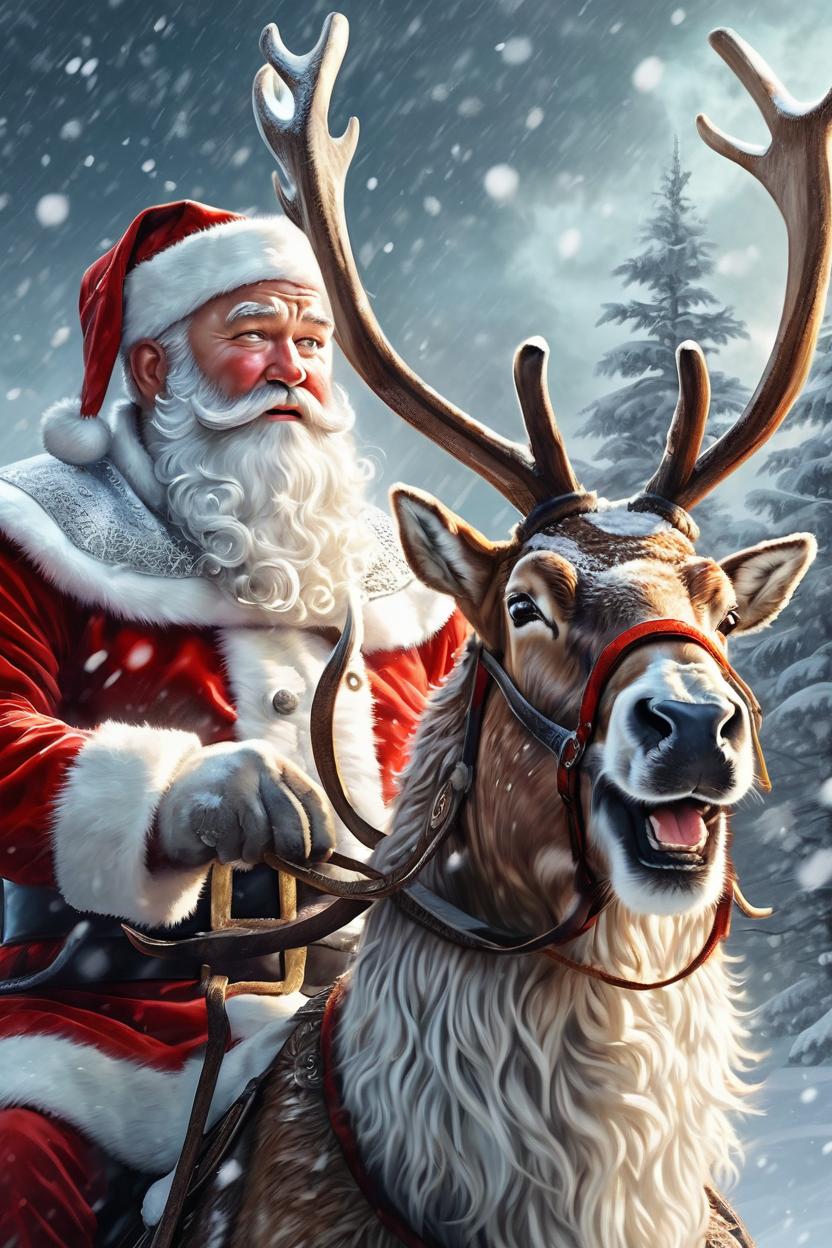 Artificial Intelligence (AI) generated image art, ..., as a portrait of santa claus riding a Reindeer in a snow storm, by Stanley Artgerm Lau, WLOP, Rossdraws, James Jean, Andrei Riabovitchev, Marc Simonetti, and Sakimichan, highly detailed, ultra detailed, golden hour, trending on artstation, cgstudio
