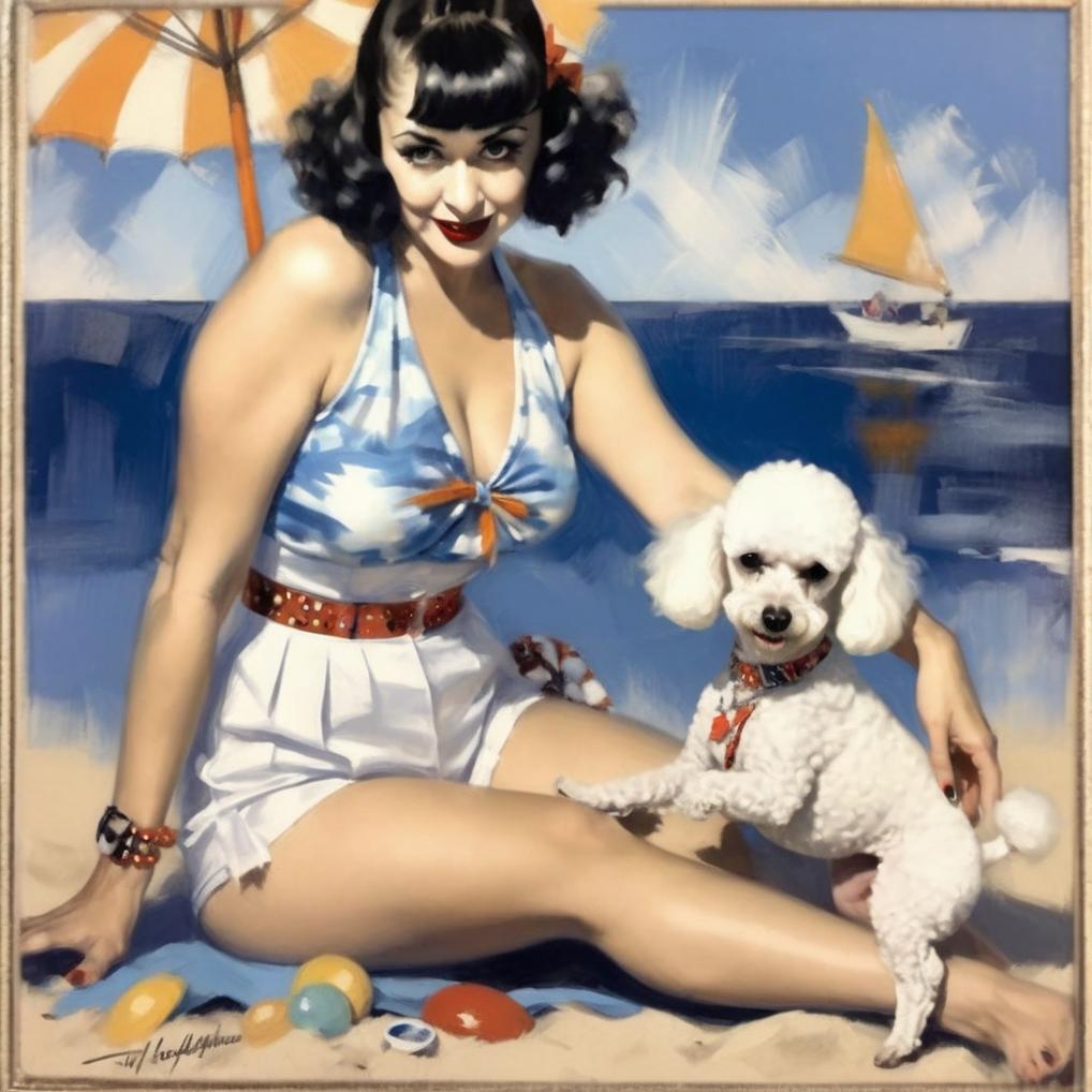 Artificial Intelligence (AI) generated image art, ... (Painting) as a Rolf Armstrong Pin-up Girl in a beach scene with a small white poodle playing near her feet