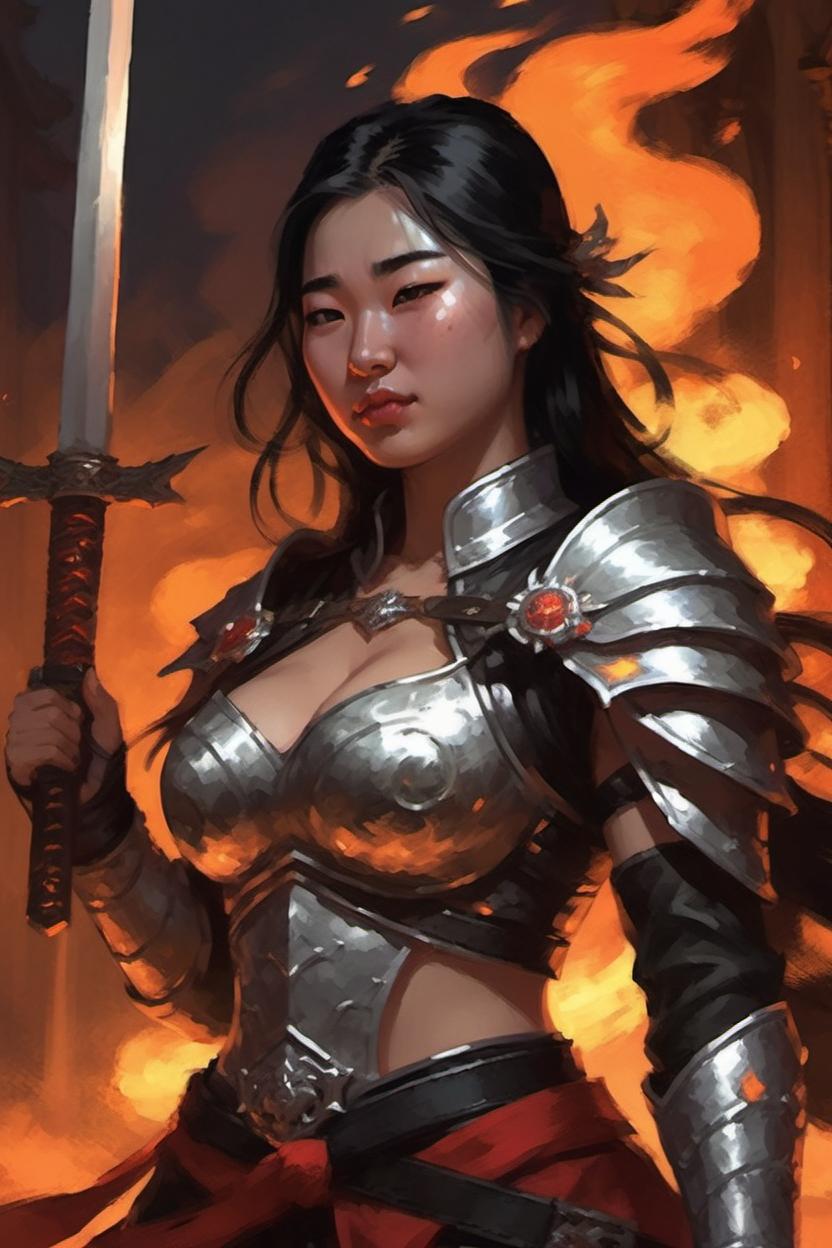 Artificial Intelligence (AI) generated image art, ..., ..., as a holy paladin ruler, scantily clad, midriff showing, but there is a darkness in her eyes, dnd artstyle, digital art, holding flaming sword, dark wings, full body shot, standing in front of a burning chapel