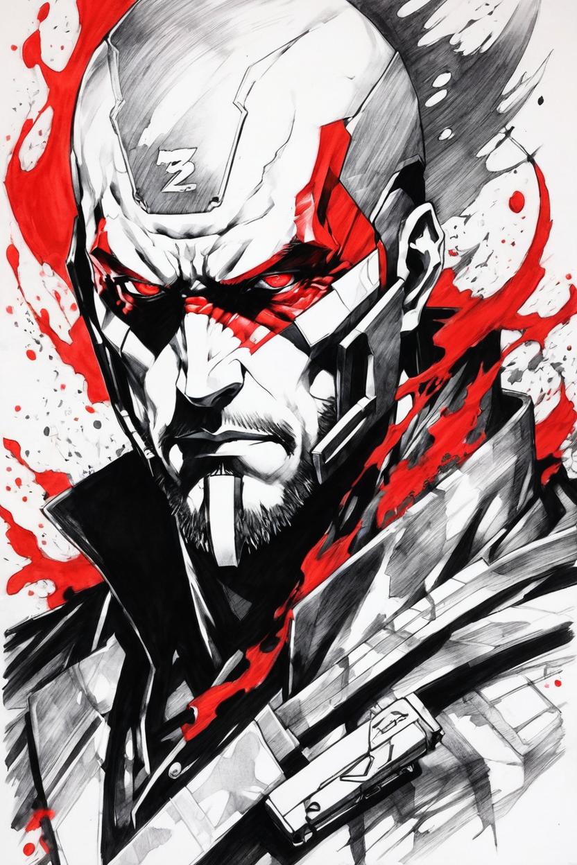 Artificial Intelligence (AI) generated image art, ..., yoji shinkawa, b&w, pencil drawing, ink, manga, concept art, black and red ink