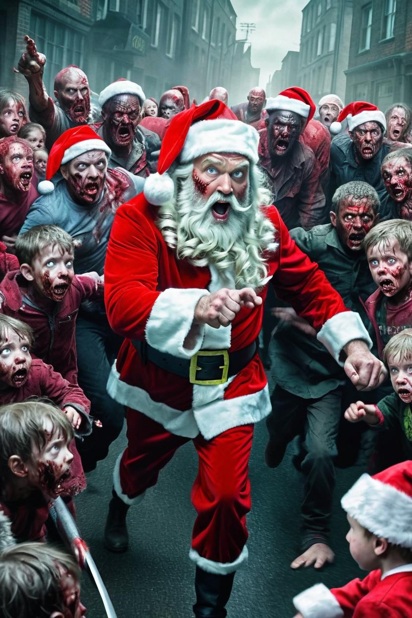 Artificial Intelligence (AI) generated image art, ..., as Santa Claus in an action movie, fighting off a horde of zombie children