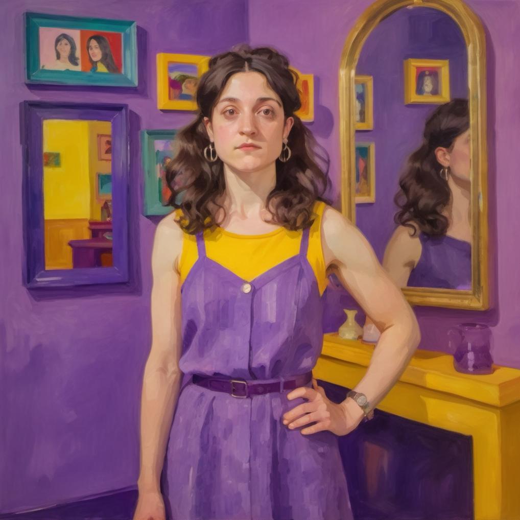 Artificial Intelligence (AI) generated image art, ..., standing in a purple room with mirrors, wearing a yellow dress, long hair,  vibrant colors, dynamic lighting, oil painting by David Hockney