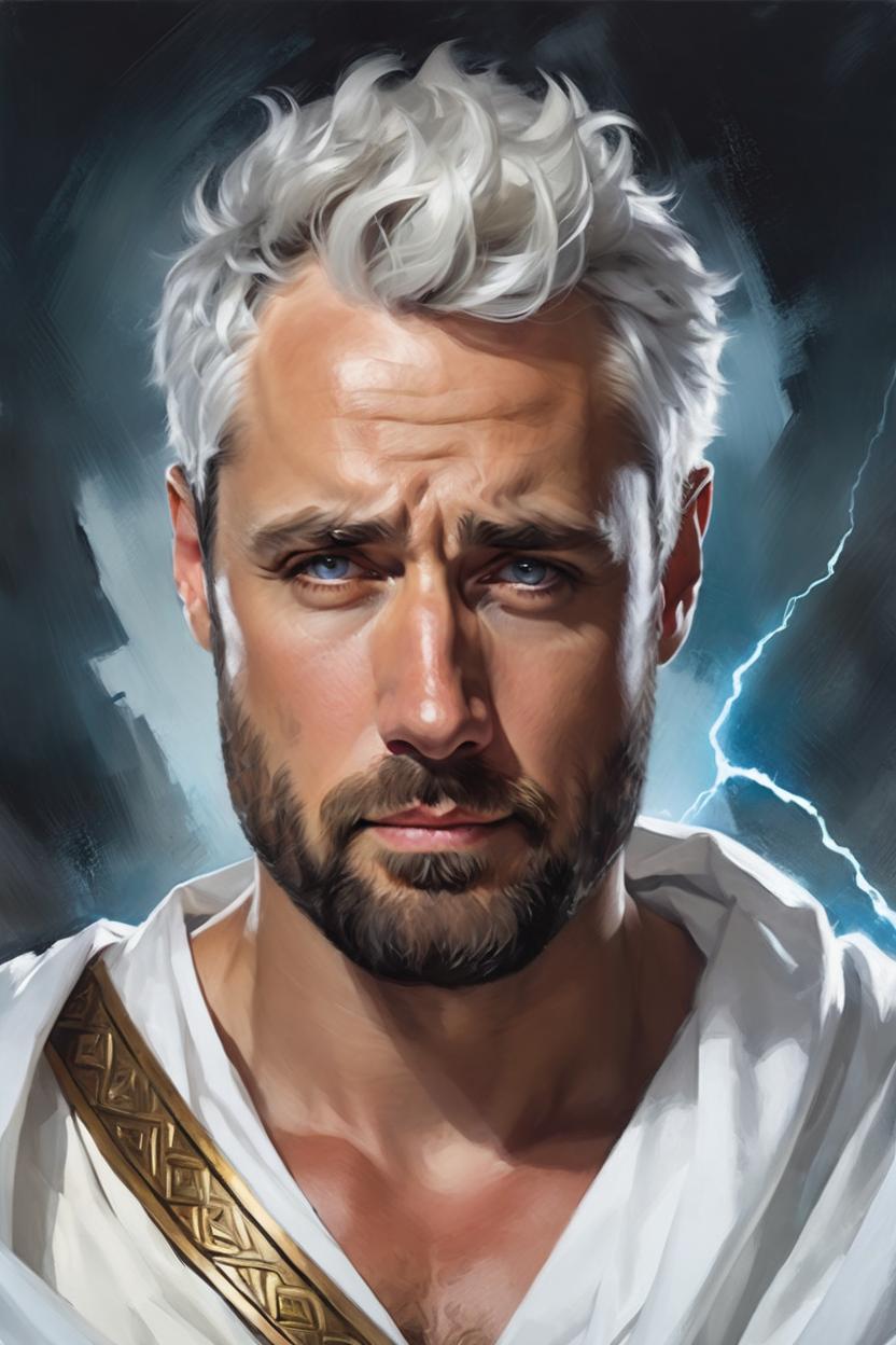 Artificial Intelligence (AI) generated image art, painted portrait of ... as rugged zeus, god of thunder, greek god, white hair, masculine, powerful, handsome, opulent, upper body, white robe, muscular, hairy torso, fantasy, intricate, elegant, highly detailed, digital painting, artstation, concept art, smooth, sharp focus, illustration, art by gaston bussiere and magali villeneuve