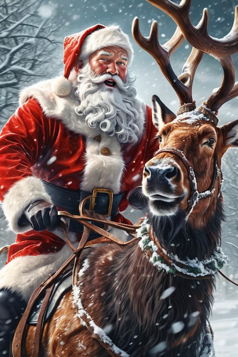 Artificial Intelligence (AI) generated image art, ..., close up portrait of santa claus riding a Reindeer in a snow storm, by Stanley Artgerm Lau,  Andrei Riabovitchev, highly detailed, ultra detailed, golden hour, trending on artstation, cgstudio