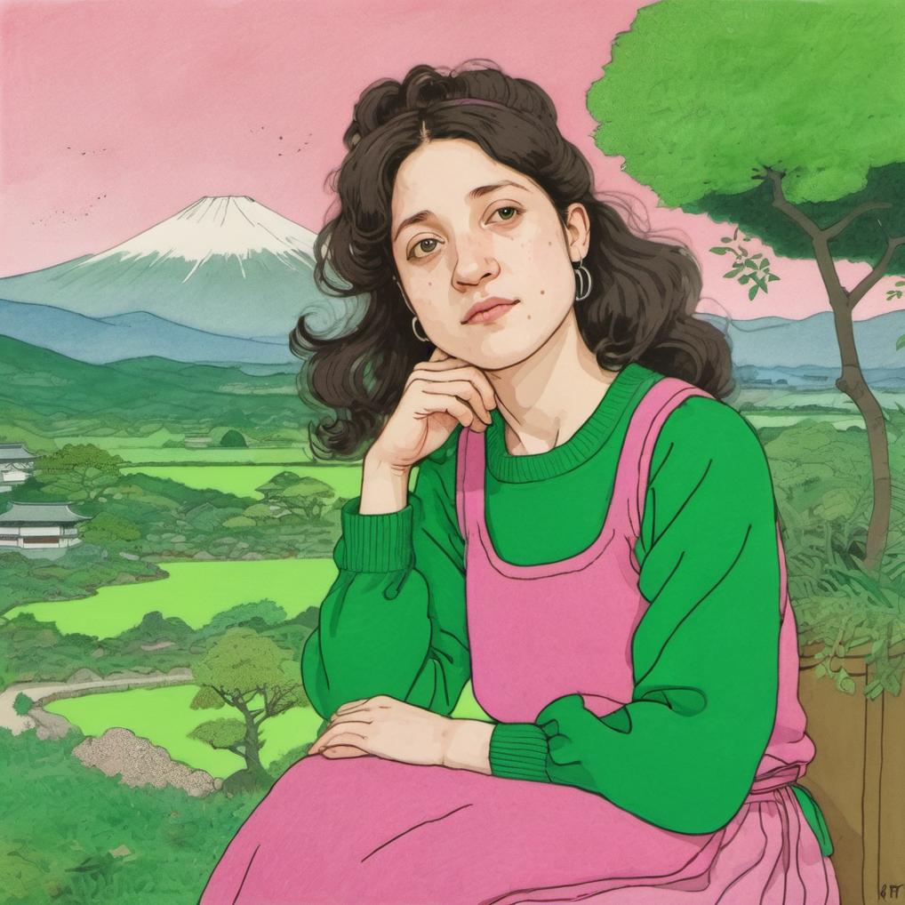 Artificial Intelligence (AI) generated image art, ..., illustration by Rutu Modan, vibrant colors, japanese landscape, wearing green sweater, pink long dress, long hair, naive artwork