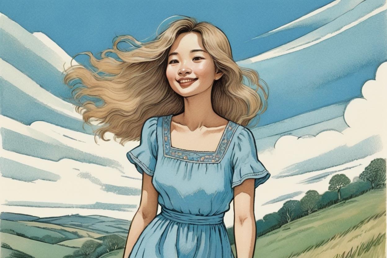 Artificial Intelligence (AI) generated image art, ..., illustration by Maurice Sendak , postcard, spring, on the hills, windy, romantic vibrant colors, wearing a light blue dress, medium long hair, tan skin, very detailed, naive artwork,