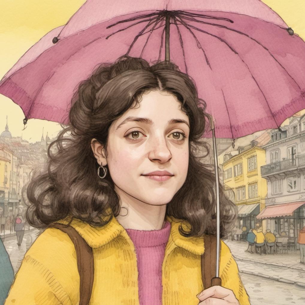 Artificial Intelligence (AI) generated image art, ..., illustration by Maurice Sendak , postcard, winter, artistic, lens flair, soft light, romantic, Porto, wearing a pink sweater, long hair, yellow umbrella, very detailed, naive artwork