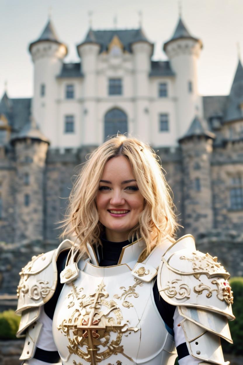 Artificial Intelligence (AI) generated image art, ..., ((portrait)), close-up,m, with white knight (in white armor with golden symbols)), white hair, (castle in background), art by Greg Rutkowski, highly detailed, sharp focus, 4k