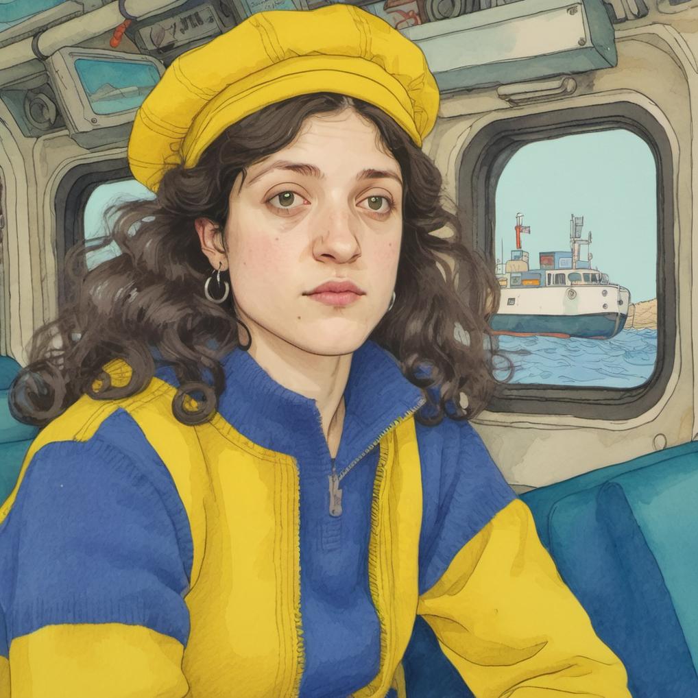 Artificial Intelligence (AI) generated image art, ..., illustration by Rutu Modan, vibrant colors, in a submarine, wearing blue sweater, yellow long skirt hat, long hair, Highly detailed, naive artwork