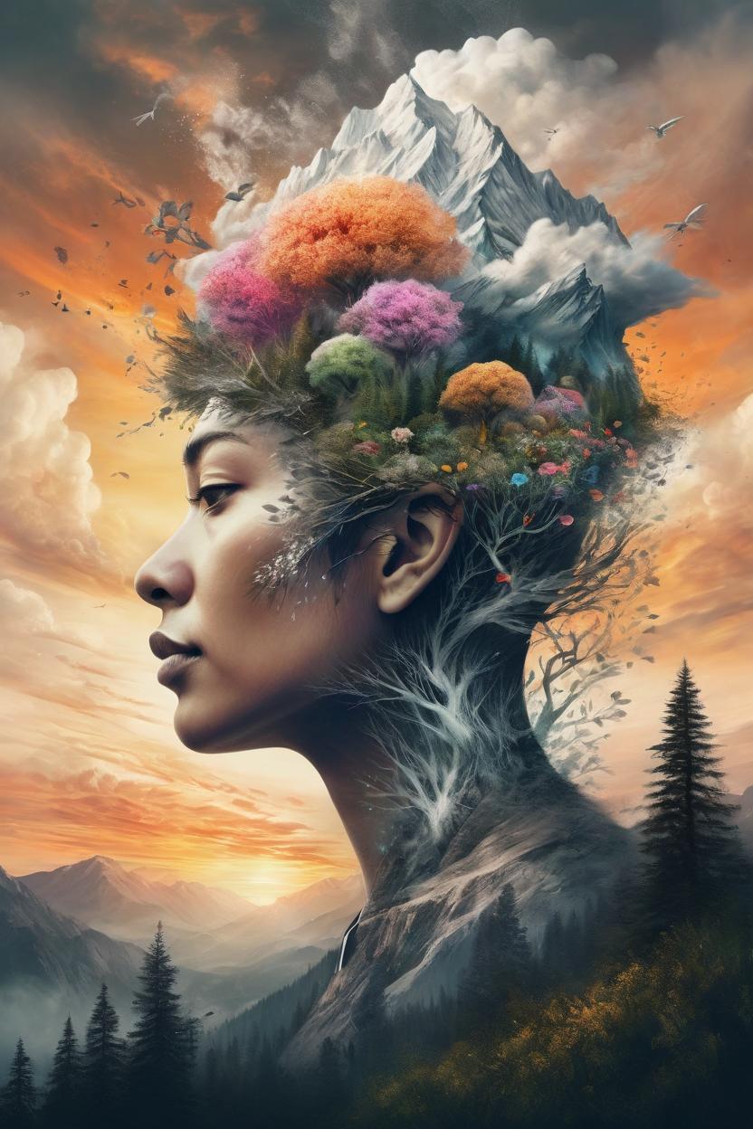 Artificial Intelligence (AI) generated image art, Nature exploding out a ... head, trees, flowers, mountain, sunset, nature mind, expressive creative art, surrealistic concept art, ethereal landscape in a cloud of magic coming out the top of a human head, incredible details, high-quality, flawless composition, masterpiece, behance, by Marco Mazzoni, ink wash
